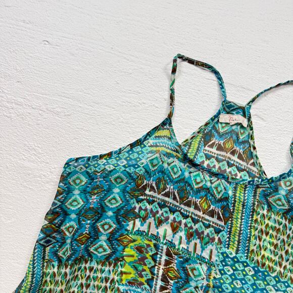Nabee Blue Green Sheer Aztec Print Cami Tank Top, Size Large - Picture 2 of 6